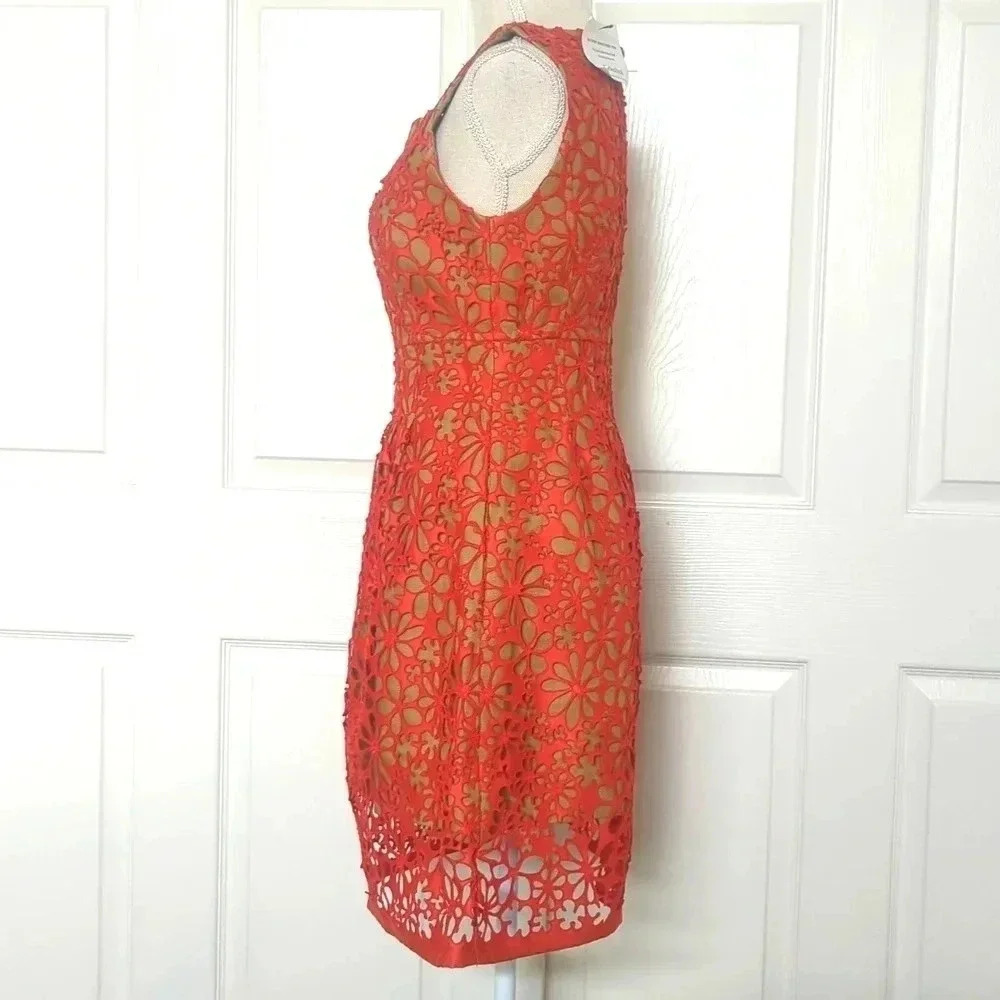 Lela Rose Persimmon Orange Laser Cut Sheath Dress - Picture 4 of 7